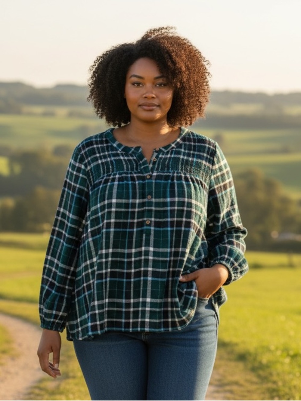 Lane Bryant Green Plaid Button-Front Peasant Tunic